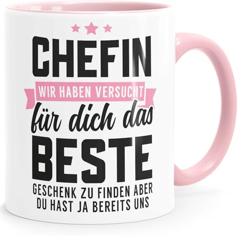 MoonWorks® Kaffee-Tasse Spruch Chefin Wir haben versucht das beste Geschenk für dich zu finden Kaffeebecher lustig Bürotasse Weiss-innen-rosa standard