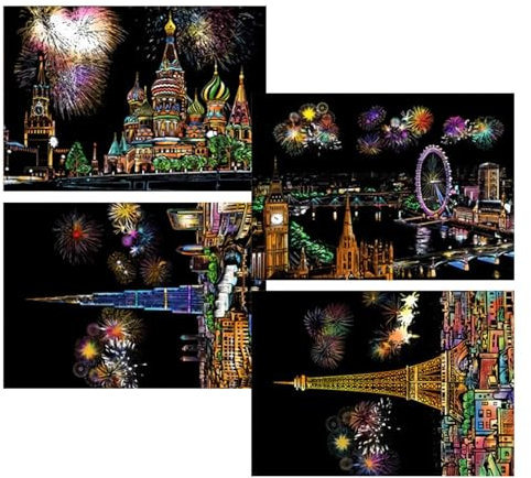 Kratzmalerei Set, Kratzbilder Erwachsene, 4 Blatt City Series Night View Scratchboard, Scratchart, City Series Night Scene, Scratch Painting Kreative Geschenk
