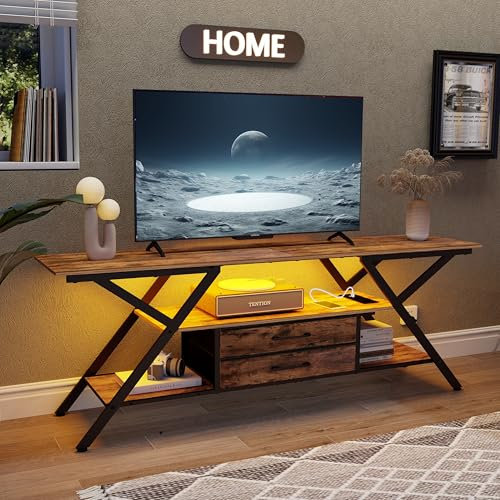 Trironsun Mueble de TV rústico de hasta 55 pulgadas consola de TV con base de carga y luz LED estante de TV 2 cajones de tela de almacenamiento centro de entretenimiento para dormitorio salón