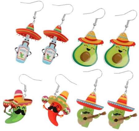 Veemoon 4 Paar Mexikanische Ohrringe Cinco De Mayo Outfit Fiesta Ohrringe Aus Acryl Sombrero Chili Pfeffer Avocado Ohrschmuck Urlaubsparty