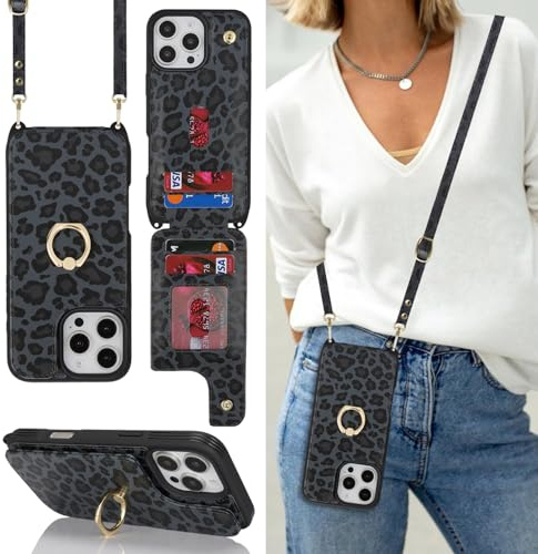 Cavor Phone Case Compatible with iPhone 16 Pro Max Case With Card Holder With Strap,Flip Leather Wallet Case with Lanyard,Ring Kickstand Shockproof Cover Case for iPhone 16 Pro Max - Black Leopard