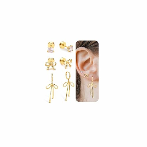 Ohrringe Ohrstecker mit flachem Verschluss Damen | 3 Paar Schleife Ohrringe Damen, Ohrstecker und baumelnde Creolen mit Zirkonia, Silber Schmuck