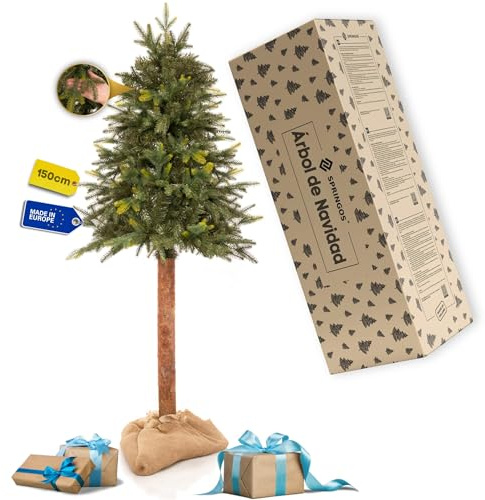 Springos Sapin de Noël Artificiel sur Tronc en épicéa Naturel avec Tronc en Bois Solide et Couvercle en Jute - Petit Arbre de Noël réaliste pour décoration Festive - 150 cm
