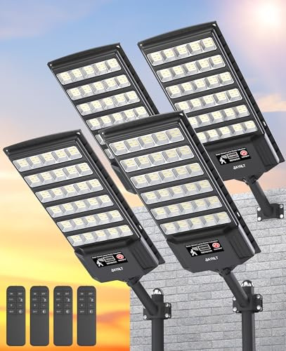 JAYNLT Lampione Solare LED Esterno con Sensore Movimento, 6500K Faro led Esterno Lampada Stradale Solare con Telecomando per Garage, Cortile, Strada-4 Pack