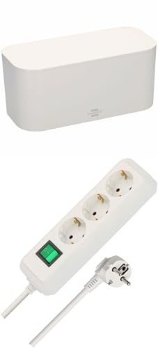 Brennenstuhl Eco-Line, Steckdosenleiste 3-Fach (Mehrfachsteckdose mit erhöhtem Berührungsschutz, Schalter und 5m Kabel) weiß + Brennenstuhl Kabelbox für Steckdosenleisten weiß