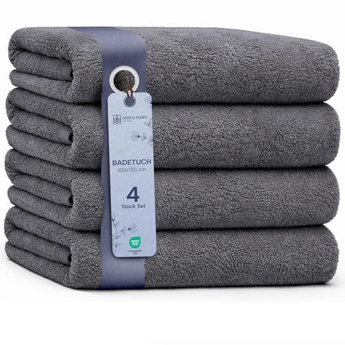 NatureMark Badetuch-Set 4er – Badetücher aus 100% Baumwolle (400 GSM), weiche, saugfähige Handtücher für das Badezimmer, pflegeleicht, Anthrazit Grau 100x150 cm