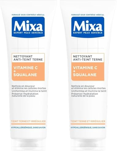 Mixa - Nettoyant Confort Anti-Teint Terne à la Vitamine C et au Squalane - Peaux au Teint Terne et Irrégulier - Soin du Visage Hydratant Protecteur - Démaquillant Doux - 150 ml (Lot de 2)