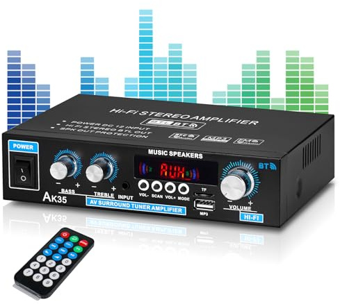 Amplificateur Audio AK35, Amplificateur Stéréo, Amplificateur HIFI, Amplificateur Bluetooth 5.0 avec Télécommande, HiFi Amplificateur, pour Voiture et Maison avec MIC/Entrée SD/USB, Radio FM