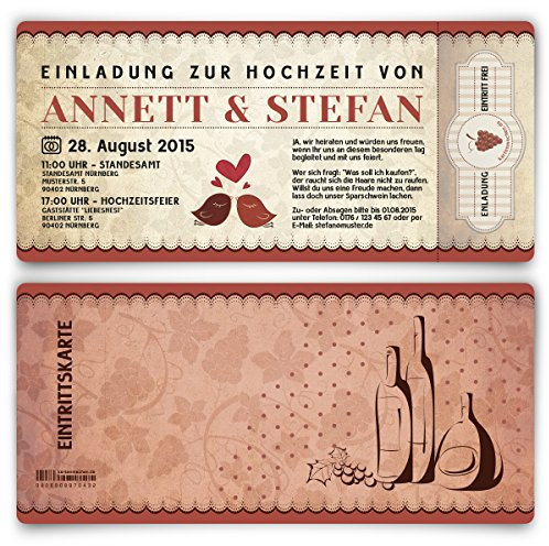 Einladungskarten zur Hochzeit (10 Stück) Wein Rot Rotwein elegant Vintage Hochzeitskarten