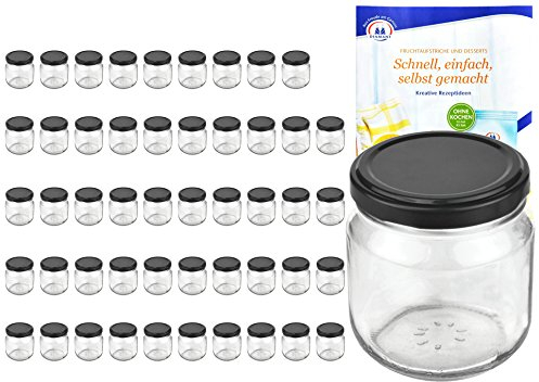 MamboCat 50er Set Rundgläser 212 ml nieder Deckelfarbe schwarz to 66 inkl. Diamant Gelierzauber Rezeptheft, Marmeladengläser, Einmachgläser, Einweckgläser, Gläser