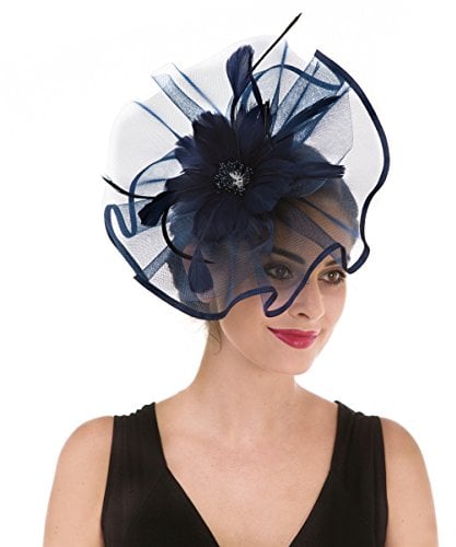 Fascinator Hat Feather Mesh Net Veil Party Hat Flower Derby Hat with Clip and Hairband for Women (A1-Large Navy Mash)