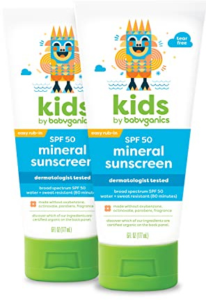 Babyganics SPF 50 Kids Sunscreen Lotion | UVA UVB Protection | Octinoxate & Oxybenzone Free | Water & Sweat Resistant, 6 Fl Oz (Pack of 2)