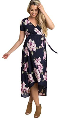 Huixin Femmes Robe De Maternité Robes Allaitement De Robe Vêtements Grossesse Robe À Col en V Motif Floral Bandage Robe D Été pour Les Femmes Enceintes (Color : Marine, Size : S)