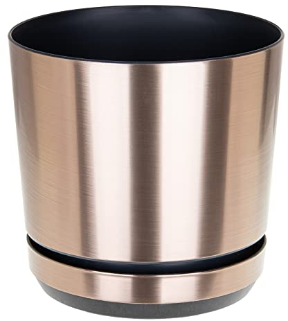 KORAD Brushed Steel Effect Indoor Plant Pots with Saucer and Drainage Holes, Round, Modern and Decorative Flowerpot for All Houseplants, 6 sizes, 25 colours (21 cm - 8.3 inches)