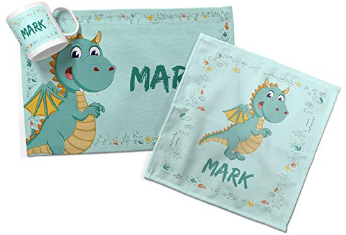 LolaPix Pack Infantil. Taza/Mantel/Servilleta Personalizados con Nombre y Texto. Varios Diseños a Elegir. Dragón
