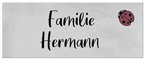 9 Motive, farbige Laserbeschriftung, UV- und witterungsbeständig - Edelstahl Briefkastenschild mit Gravur - Namensschild selbstklebend (3M) - Türschild personalisiert mit Namen - Marienkäfer