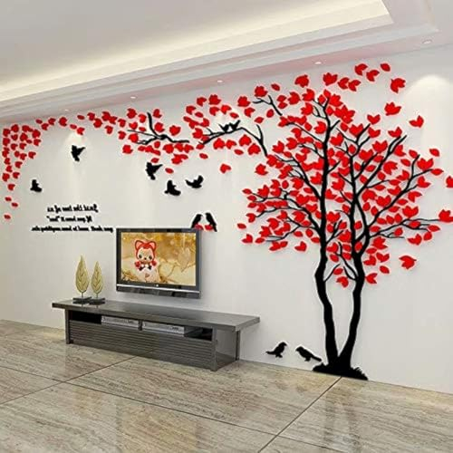 Albero Adesivo da Parete, Alberi e Uccelli 3D Adesivi Murali Arts Wall Sticker Decorativi per TV Par, Camera da Letto, Sala, Asili Nido, Ufficio, Bambini Stanze (Rosso Destra,M-250 * 130cm)