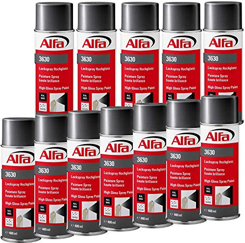 Alfa Lackspray 400 ml für Innen und Außen - Sprühlack zum Lackieren und Dekorieren, hohe Deckkraft Farbspray, Sprühdose, Made in Germany (24, RAL 9005 Tiefschwarz Hochglanz)