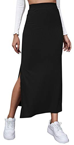 DIDK Damen Rock Elegant Maxirock Rockabilly Vintage Retro Röcke mit Schlitz Casual Freizeitrock Lang Hohe Taille Skirt Partyrock Schwarz S
