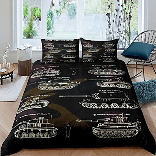 Homewish Tank Trösterbezug Kriegsthema Bettbezug Soldat Dirt Bike Camouflage Army Acting Bettbezug für Kid Boy Teen Men,Dekoratives 2 Stücke Bettwäsche Set mit 1 Kissenbezug,135x200