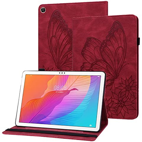 Rostsant Funda Huawei Matepad T10 / T10s Carcasa de Cuero PU Relieve de Mariposa con Soporte para Bolígrafo Funda Tableta para Huawei Matepad T 10 9.7 Pulgada/Matepad T 10s 10.1 Pulgada - Rojo