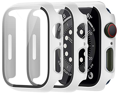 Miimall 2 custodie compatibili con Apple Watch Series 6/SE/5/4 44 mm, pellicola protettiva in vetro temperato, protezione completa antigraffio in vetro di protezione per iWatch 44 mm, colore bianco