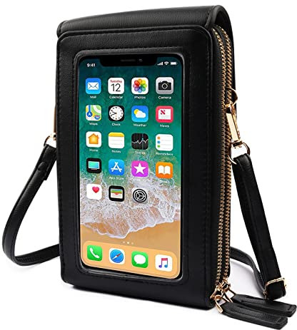 HUASUN Geldbörse Damen Handy Umhängetasche Brieftasche Crossbody Schultertasche (Schwarz1)