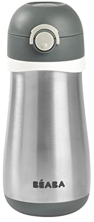 BÉABA, Biberon/Tasse d'apprentissage /Gourde Bébé 2 en 1 Inox, Tasse Paille Enfant, 100% étanche, Anti-fuite, Facile à Ouvrir, Poignées amovibles, Matière Inox, Sain, Solide, 350 ml, Gris Minéral