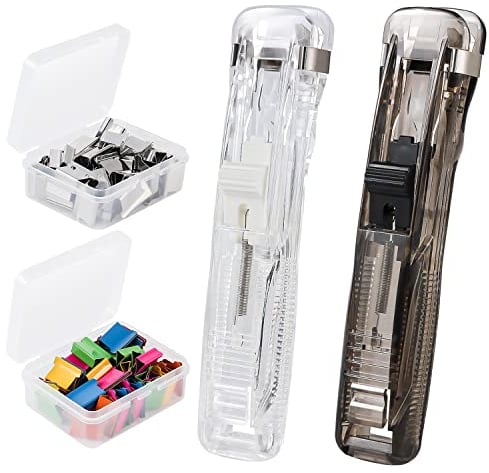 KINBOM 2Pcs Clam Clip Dispensers, Portable Recyclable Handheld Paper Clam Clip Dispenser with 100Pcs Paper Clam Clip Refills for Fixing Loose Leaf Paper Bookbinding Documents Reports Assignments