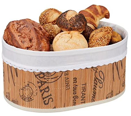 Relaxdays Corbeille à Pain, en Bambou, Insert Tissu, Motif français, Pains et Croissants, Panier Ovale, Nature-Blanc