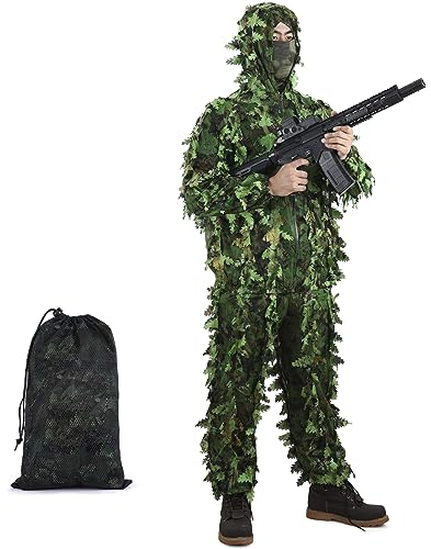 PELLOR 3D Ghillie Tarnanzug, Jungle Regenponcho Ghillie Suit Camouflagemit Tarnkleidung Geeignet zum Verstecken von Spielen, Outdoor, Jagen (Armeegrün, M)
