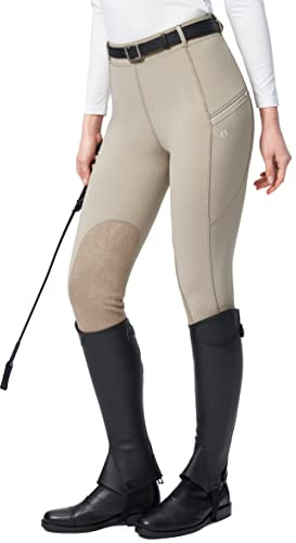 SANTINY Women's Horse Riding Pants with Zipper Pockets Knee-Patch Schooling Tights Equestrian Breeches for Women (Taupe_S)