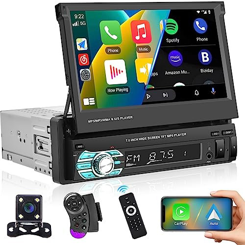 Podofo Radio de Coche 1 DIN Bluetooth Auto Radio con Carplay/Android Auto, 7 Pulgadas Pantalla Retráctil con Bluetooth Llamadas Manos Libres/Control Volante/FM/USB/AUX/TF+Cámara Trasera