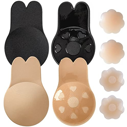 Klebe BH,BH Rückenfrei,Trägerloser BH 2 Paar,mit 2 Silikon Nippelpads,Klebe BH Push Up,Selbstklebender BH,Wiederverwendbare Unsichtbarer BH & Nippel Cover für Hochzeits Rückenfreies Kleid BH (B)