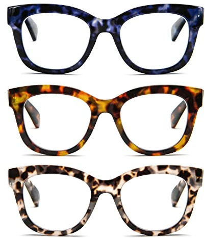 KoKoBin 3er Pack Retro Oversized Lesebrille für Damen und Herren Anti-Licht Blau Komfort mit Feder Reißverschluss Brille (3er-Pack)