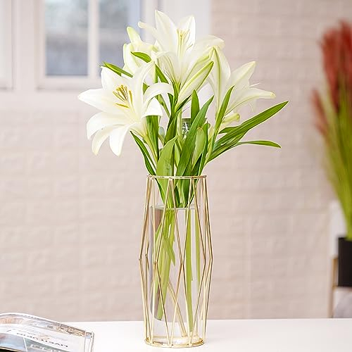 Winter Shore Gold Vasen Deko für Tafelaufsätze - 28 cm Große Zylindervasen mit Dekorativem Vasenhalter aus Eisen - Blumenarrangement für Pampasgras Deko & Hochzeit Tischdeko
