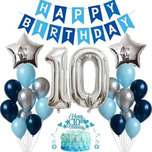 Jxuzh 10. Geburtstagsdeko Jungen & Mädchen mit Geburtstags Girlande,(Marineblau/Hellblau/Silber) Latexballons, 32 Zoll Folienballon 10,Silberner Stern-Folienballon 18-Zoll & Kuchendeko