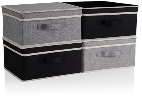 BrilliantJo Aufbewahrungsboxen mit Deckel, Faltbarer Aufbewahrungskorb für Kleidung mit Griff für Spielzeug, Bücher, Schrank, Schlafzimmer, Zuhause, Schwarz+Grau Set 33,5 * 31,75 * 17,5 cm