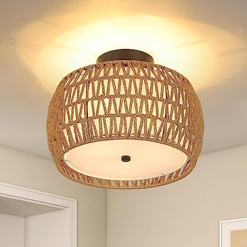 Rayofly Lámpara de Techo de Ratán Colgante, Lámpara de Techo Boho con Pantalla de Ratán, Lámpara de Techo Vintage, Lámpara de Cesta Boho Negra para Salón Dormitorio Cocina Pasillo