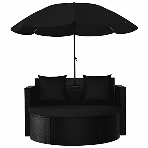 ZYMEN Gartenbett mit Sonnenschirm, schwarzes Kunstharzgeflecht, Rattan-Gartenmöbel-Set für Outdoor-Gartenmöbel, Camping-Loungesessel Commemoration Day