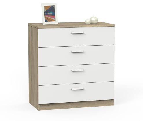 MUEBLES PITARCH | Cómoda 4 Cajones guías metálicas, Cajonera Dormitorios, Blanco y Roble Cambrian, 78x74x40cm (Alto x Ancho x Fondo), Sinfonier Colección Tibet