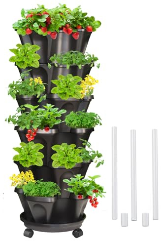 Tectsia 6 Tiered Strawberry Planters, Vertical Garden Tower, Stacking Planter with Support Pole, Stackable Herb Vegetable Planters Indoor and Outdoor - Black