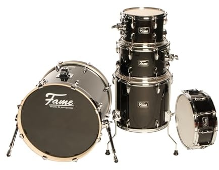 Fame Stage Series Studio Shell Set, 6-lagiges Birkenholz Drumset, Satin Black, 22 Zoll BassDrum, freischwingende Tomaufhängung, vorgedämpftes BassDrum-Fell, inklusive Tomhalter, ohne Becken/Hardware