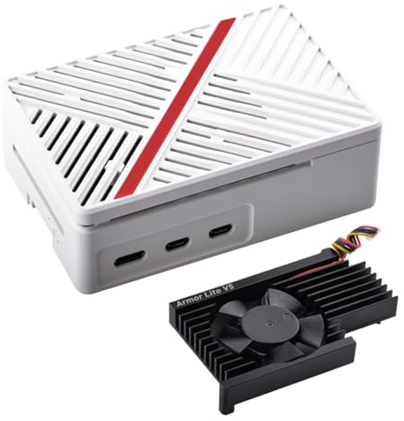 GeeekPi ABS Case for Raspberry Pi 5, White with Armor Lite V5 Heatsink Cooler Fan for Raspberry Pi 5 4GB/8GB