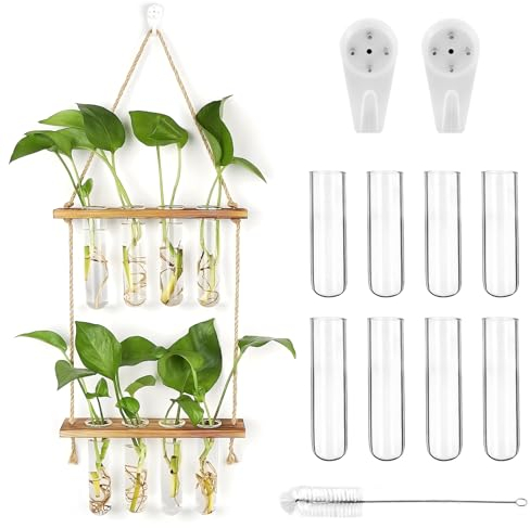 Plant Propagation Station, 2 Tiered Test Tube Hanging Plant Holder with Wooden Stand, Wall Hanging Frame Air Planter Terrariums, Propagated Plant Jars for Hydroponic Plants Home Garden Indoor Decor