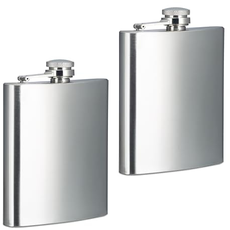 Relaxdays Set de 2 Petacas, 200 ml, Cantimplora Pequeña Acero Inoxidable de Viaje, Botellín de Bolsillo, Plateado