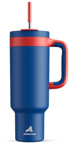 POWCAN Vaso de 50 onzas con asa, popote y tapa para sorber 2 en 1, a prueba de fugas, apto para lavavajillas, taza de café de viaje de acero inoxidable aislada, mantiene el frío durante 34 horas, cabe
