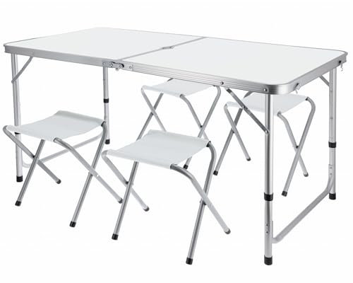 JUMI Klappbarer Campingtisch - Beistelltisch mit 4er Stuhle Set, Klapptisch zum Camping, Multifunktion - Balkon möbel Set, gartenmöbel Set - Tischhöhenverstellung (Weiß)