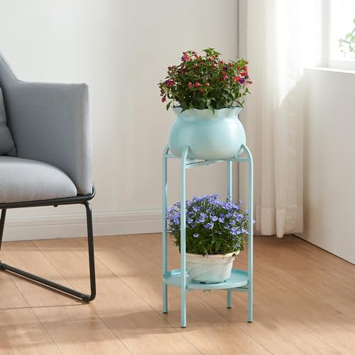 [en.casa] Porte-plantes Style Intemporel avec Cache-Pot Support de Plantes pour Intérieur Étagère à Fleurs pour Salon Chambre Métal 81 x 40 x 40 cm Bleu Clair