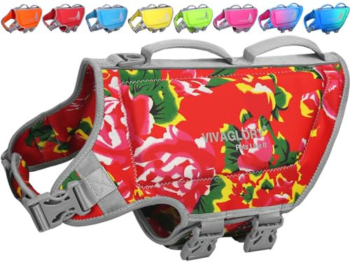 VIVAGLORY High Buoyancy Schwimmweste Hund, Rettungsweste, Hundeschwimmweste für Bootfahren, Schwimmhilfe & Auftrieb, L, Nordwest Blumen-Rot
